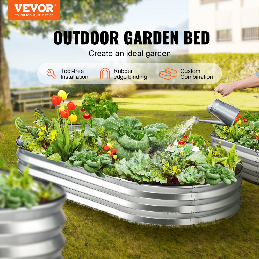 VEVOR verhoogde plantenbak bloembak tuinbak terrasmoestuin tuinbed plantbed zilver 180x90x30cm gegalvaniseerd metaal ideaal voor het kweken van groenten, fruit, kruiden, enz.