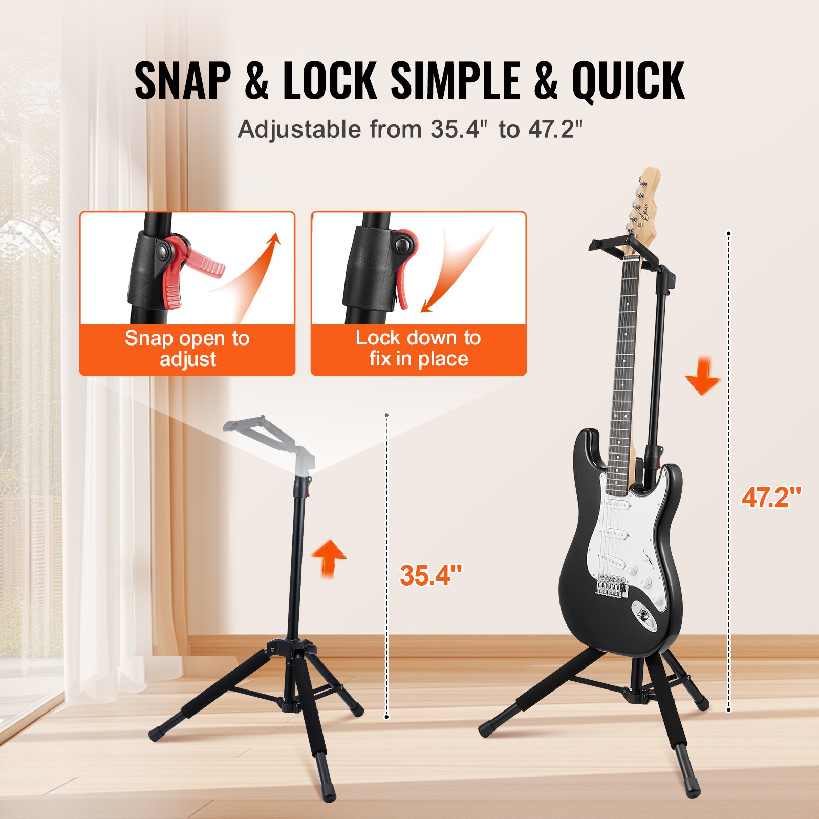 VEVOR Tripod Guitar Stand, 33 lbs/15 kg Load Capacity, Floor-Standing Foldable Guitar Stand Display Rack with 35.4-47.2 in/900-1200 mm Adjustable Height, for Guitar Acoustic Electric Classical Bass