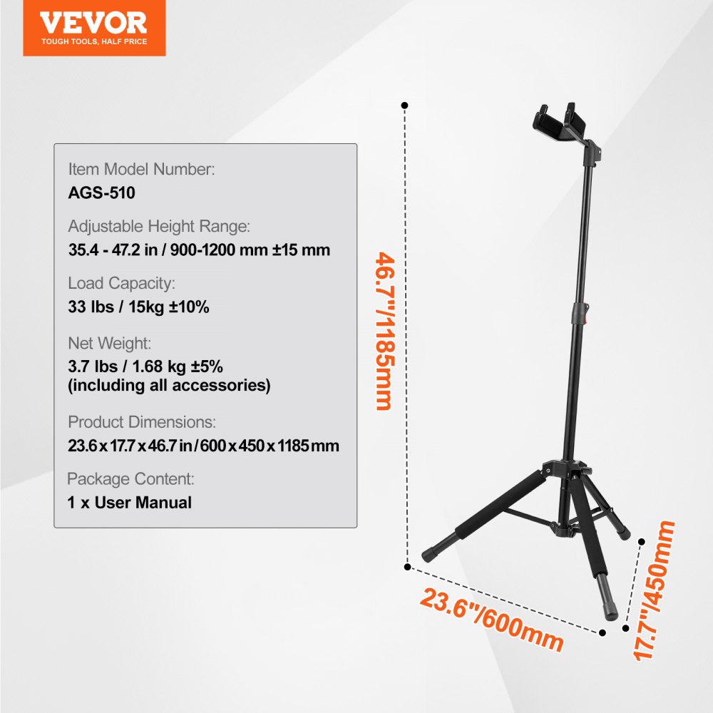 VEVOR Tripod Guitar Stand, 33 lbs/15 kg Load Capacity, Floor-Standing Foldable Guitar Stand Display Rack with 35.4-47.2 in/900-1200 mm Adjustable Height, for Guitar Acoustic Electric Classical Bass