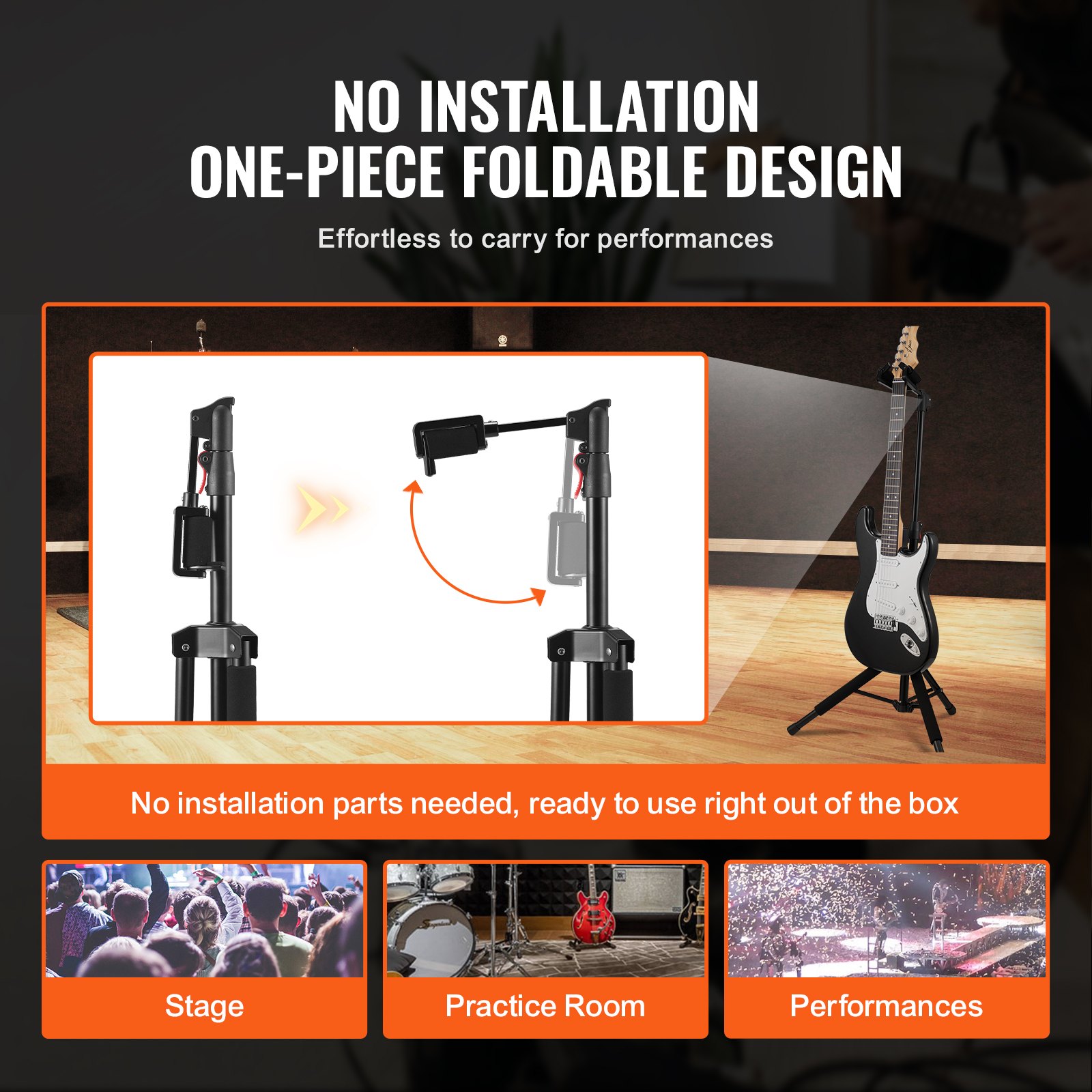 VEVOR Tripod Guitar Stand, 33 lbs/15 kg Load Capacity, Floor-Standing Foldable Guitar Stand Display Rack with 35.4-47.2 in/900-1200 mm Adjustable Height, for Guitar Acoustic Electric Classical Bass