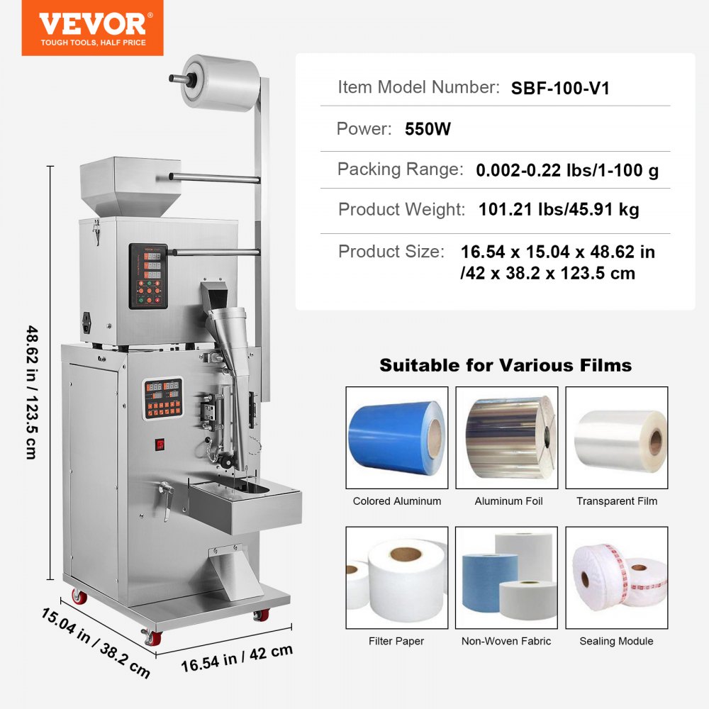 VEVOR Automatische Deeltjes Verpakkingsmachine,1-100g, Multifunctionele Zakje Poeder Zakje Weging het Vullen Verpakkingsmachine, Poeder Vulmachine voor Thee Zaden Korrels Meel Bonen Glitter