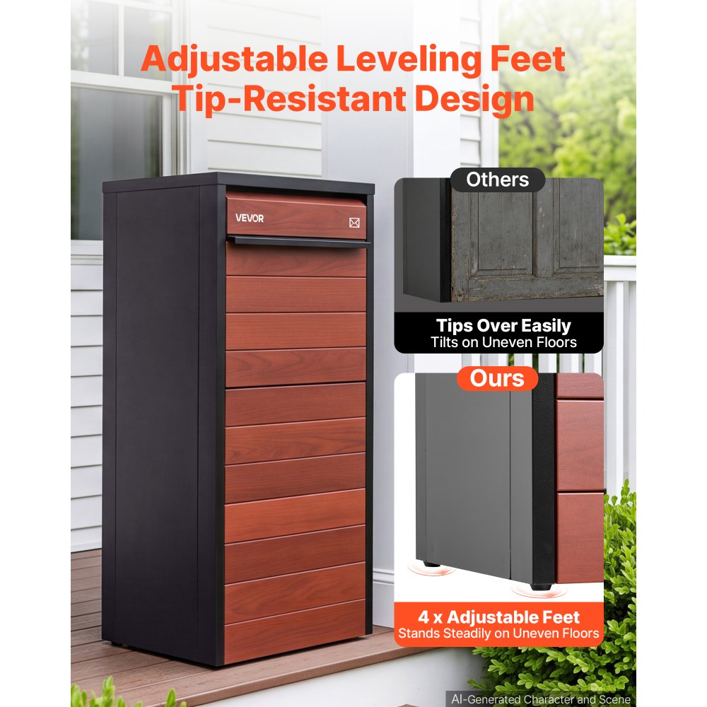VEVOR Package Delivery Box for Outside 44.09 in Large Metal Parcel Drop Box, for Porch, Curbside & House Storage, Lockable Anti-Theft Waterproof Weatherproof, Secure Mailbox for Outdoor, Black & Brown