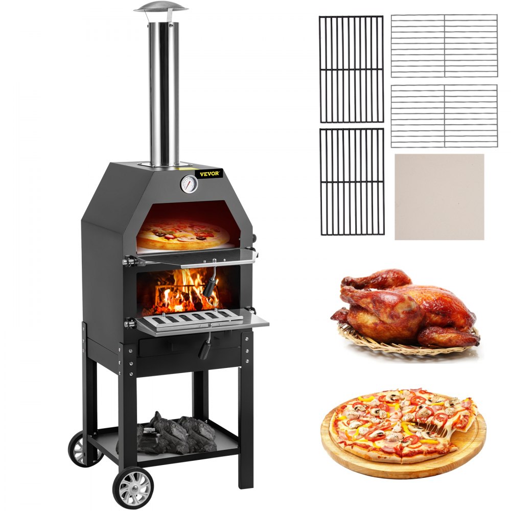 VEVOR Outdoor Pizza Oven, 12" Wood Fire Oven, 2-Layer Pizza Oven Wood Fired, Wood Burning Outdoor Pizza Oven with 2 Removable Wheels, Wood Fired Pizza Maker Ovens with 900℉ Max Temperature for Barbecu
