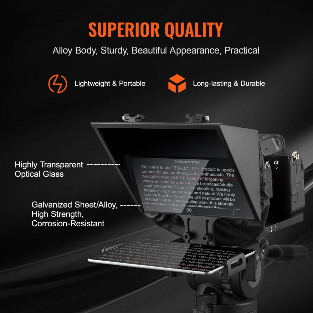 VEVOR Teleprompter, 33,02 cm aluminium, vloermodel met instelbare hoekspectroscoop, afstandsbediening, voor YouTube, Twitch, zoom, ondersteunt DSLR/webcam/smartphone, voor video-opname/livestreaming