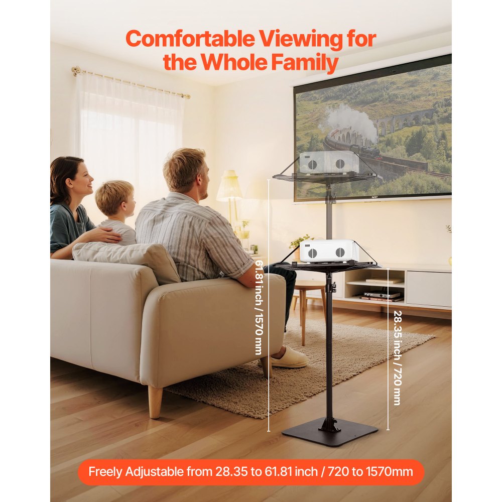 VEVOR Projectorstandaard, in hoogte verstelbaar 72-157 cm, 360° horizontaal draaibare vloerstandaard voor projectoren, multifunctionele standaard voor vergaderingen, buitenfilms, 30 x 40 x 157 cm