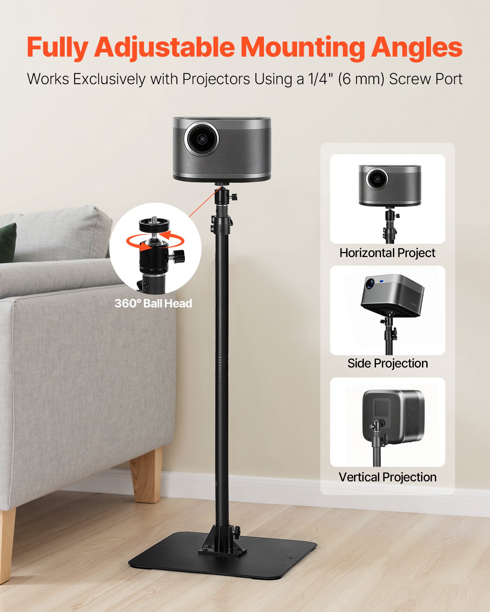 VEVOR Projector Stand, Projector Floor Stand with Adjustable Height 30.3 to 63.4 inch, 360° Horizontal Rotation Projectors Cart for Meetings, Outdoor Movies, Video Stand, Gimbal Mount or Tray Support