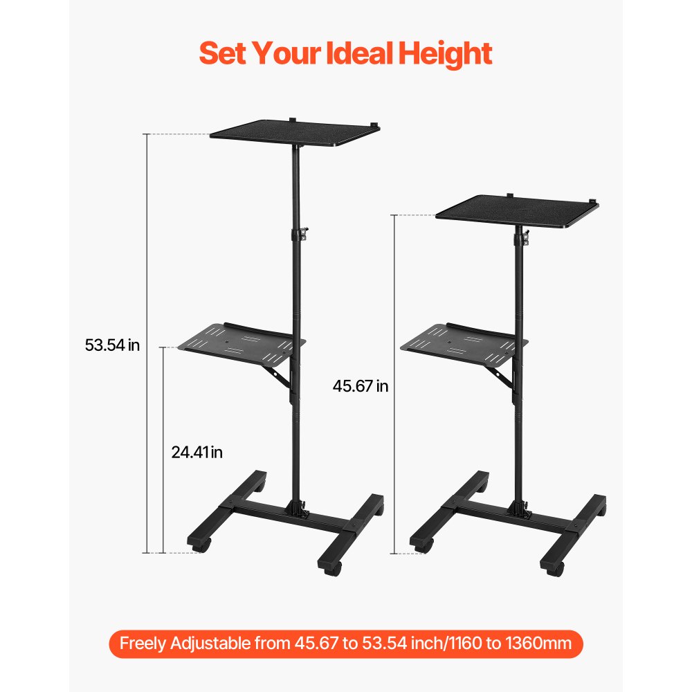 VEVOR Projectorstandaard, in hoogte verstelbaar 86-136 cm, vloerstandaard voor laptops en projectoren, multifunctionele standaard voor vergaderingen, projectiewagen/videostandaard 50 x 45 x 136 cm