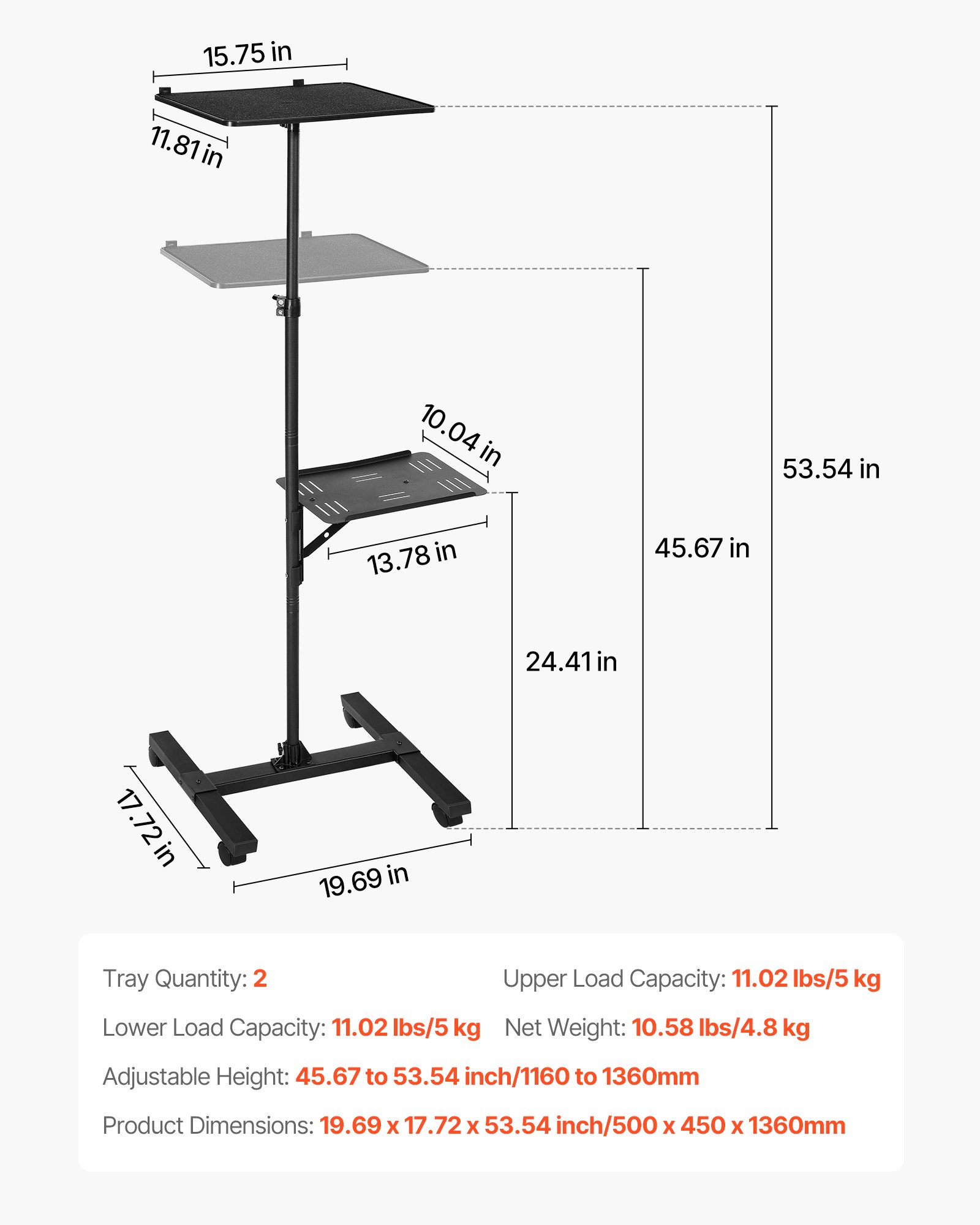 VEVOR Projectorstandaard, in hoogte verstelbaar 86-136 cm, vloerstandaard voor laptops en projectoren, multifunctionele standaard voor vergaderingen, projectiewagen/videostandaard 50 x 45 x 136 cm