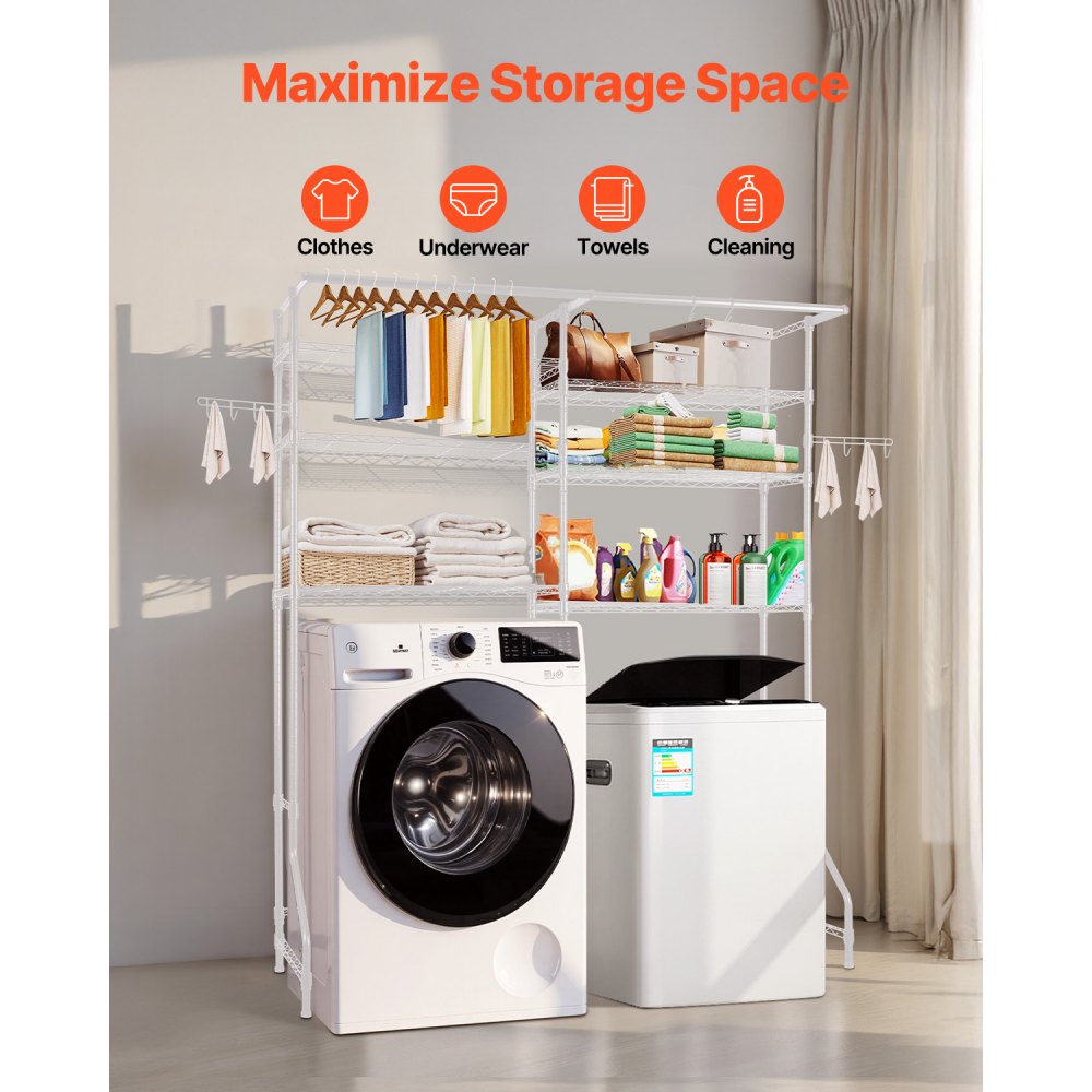 VEVOR Opbergrek voor wasmachine en droger, 6-laags droogrek met kledingstang en haken, tweelaags en verstelbare planken voor wasmachine voor opslag en organisatie, wit