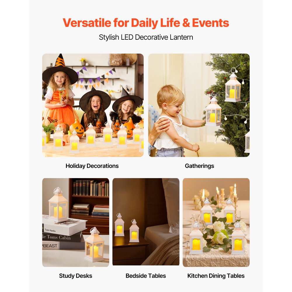 VEVOR 12 Pcs Decorative Candle Lantern, LED Electric Flameless Candle, Plastic LED Holder with Glass, Wall Hanging Indoor Porch Lanterns for Wedding Table Party Farmhouse Indoor Decor, White