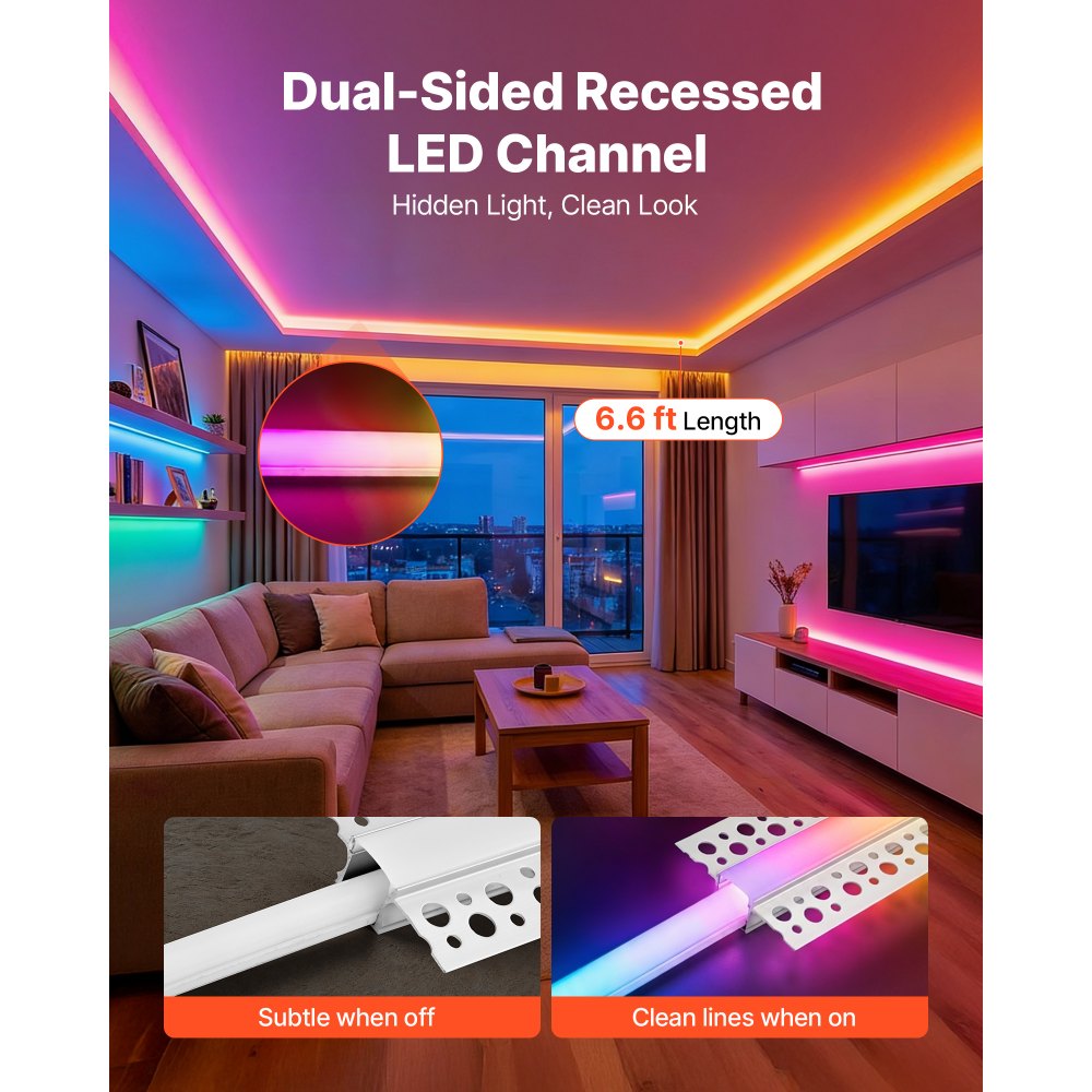 VEVOR LED-profiel 10-pack 2 m, geanodiseerd gipsplaatprofiel met melkwitte afdekking, eindkappen en montageclips, plafondprofiel, diffuserinstallatie in gipsplaat, aluminium profielen voor wand en plafond