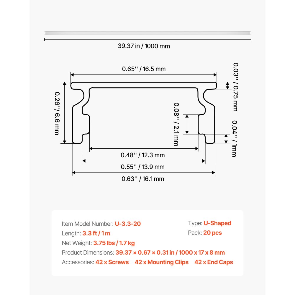 VEVOR LED-profiel, 20 stuks, 1 m, geanodiseerde aluminium profielen met melkwitte afdekking, eindkappen en montageclips, kanalen, diffuser voor LED-strips, ideaal voor onderkastwerkbladen, U-vormig.