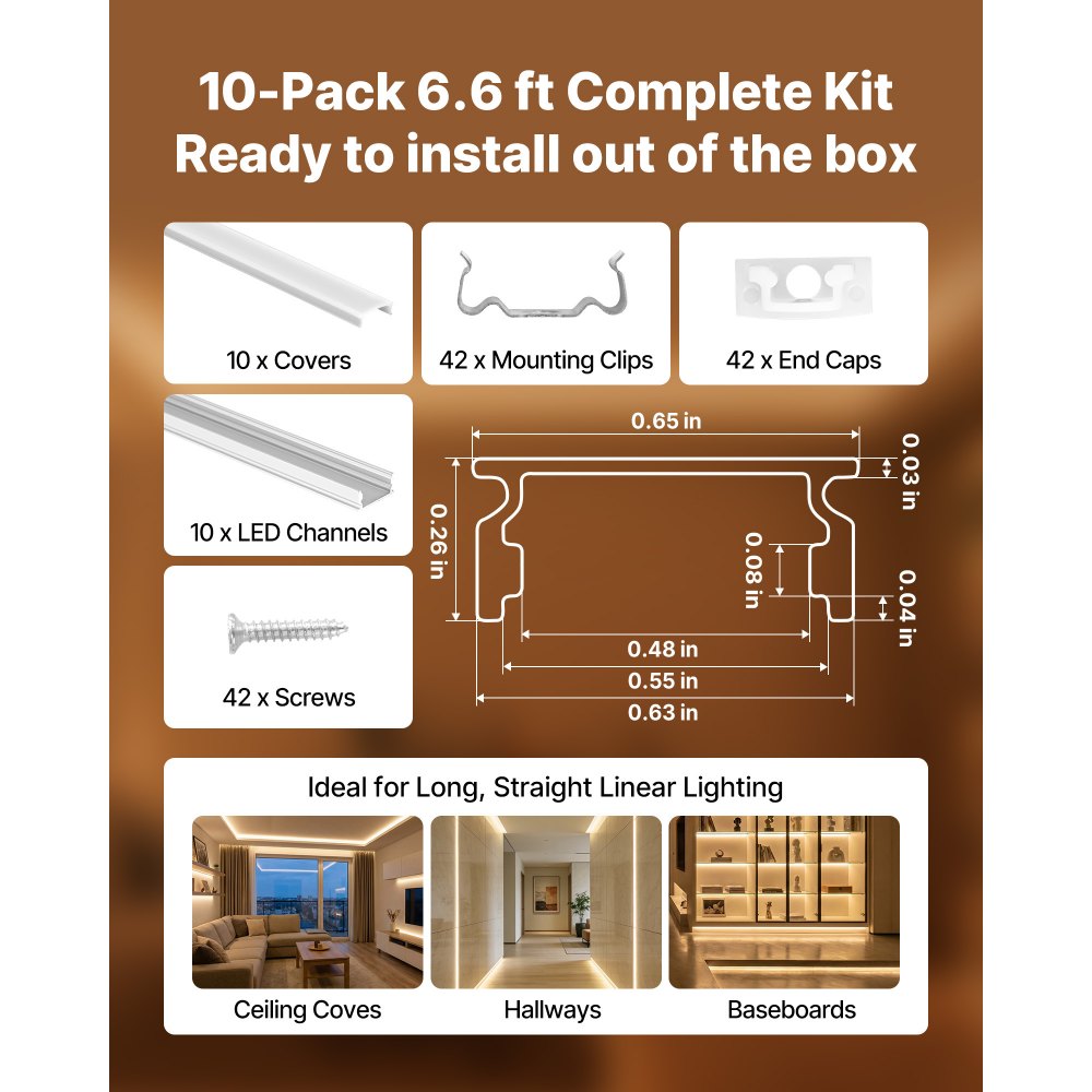 VEVOR LED-profiel 10-pack 2 m, geanodiseerde aluminium profielen met melkwitte afdekking, eindkappen en montageclips, kanalen, diffuser voor LED-strips, ideaal voor onderkastwerkbladen, U-vormig