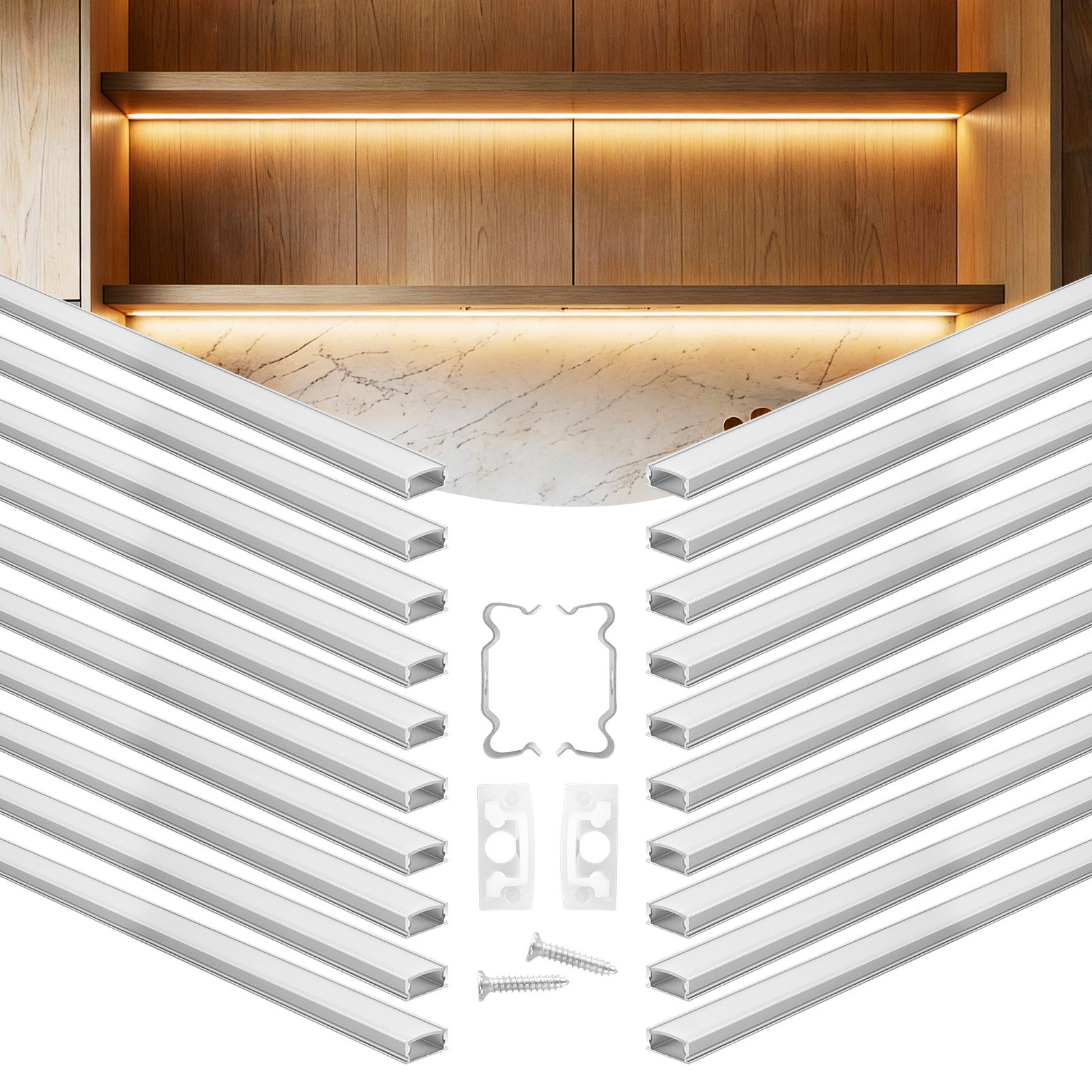 VEVOR LED-profiel, 20 stuks, 2 m, geanodiseerde aluminium profielen met melkwitte afdekking, eindkappen en montageclips, kanalen, diffuser voor LED-strips, ideaal voor onderkastwerkbladen, U-vormig.