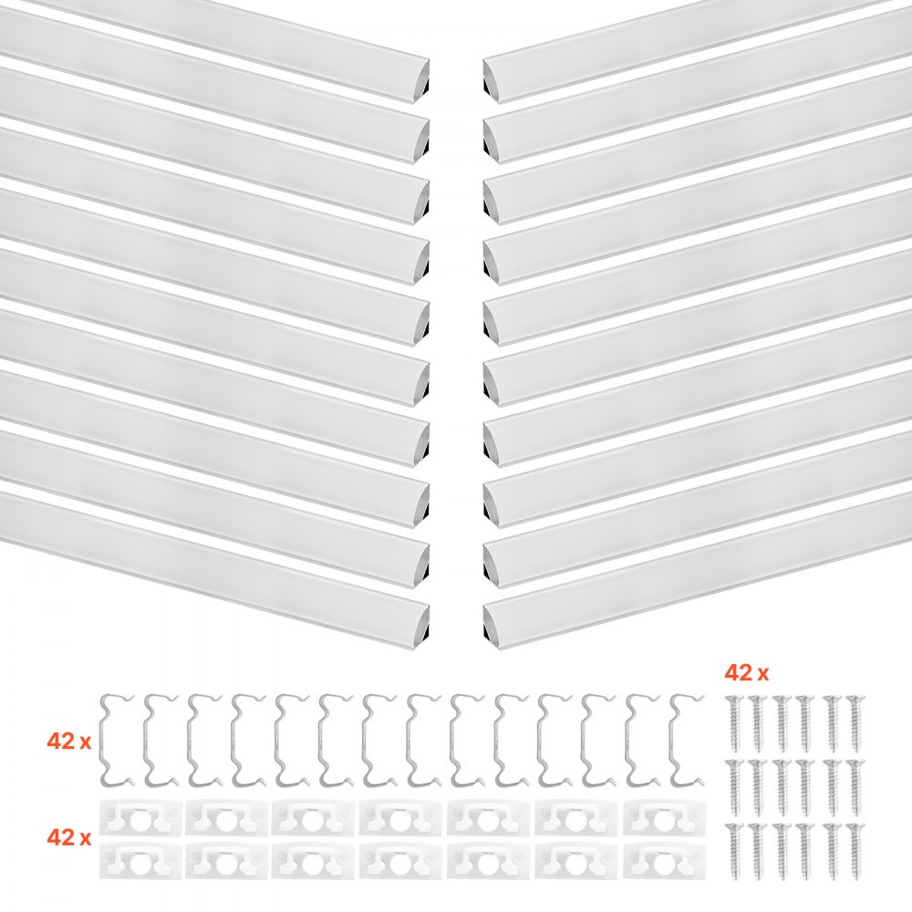 VEVOR LED-profiel, 20 stuks, 1 m, geanodiseerde aluminium profielen met melkwitte afdekking, eindkappen en montageclips, kanalen, diffuser voor LED-strips, ideaal voor onderkastwerkbladen, V-vormig.