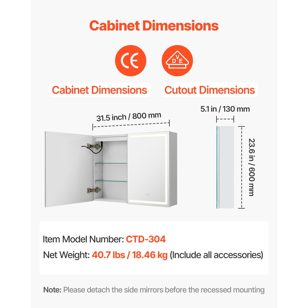 VEVOR Lighted Medicine Cabinet with Mirror, 60 x 80 cm Wall-Mounted, 3 Color Dimmable LED Bathroom Medicine Cabinet with HD Mirror, Memory Function/Adjustable Shelves Storage/ Outlets & USBs