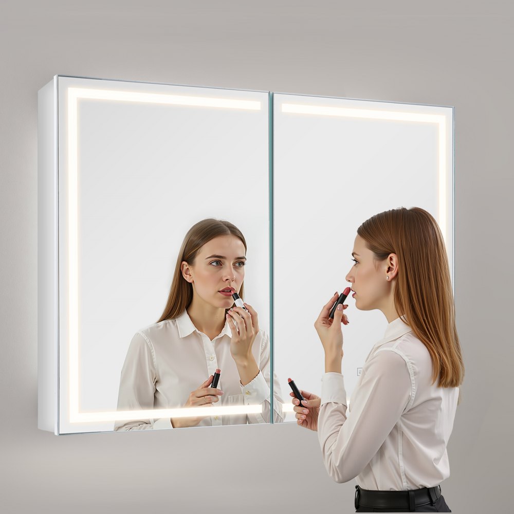 VEVOR Lighted Medicine Cabinet with Mirror, 60 x 80 cm Wall-Mounted, 3 Color Dimmable LED Bathroom Medicine Cabinet with HD Mirror, Memory Function/Adjustable Shelves Storage/ Outlets & USBs