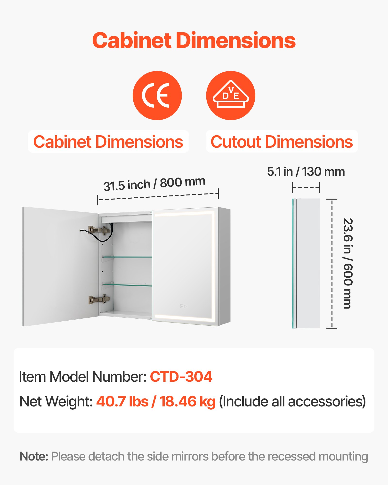 VEVOR Lighted Medicine Cabinet with Mirror, 60 x 80 cm Wall-Mounted, 3 Color Dimmable LED Bathroom Medicine Cabinet with HD Mirror, Memory Function/Adjustable Shelves Storage/ Outlets & USBs