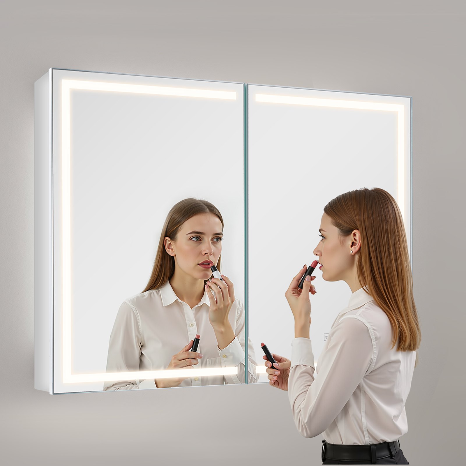 VEVOR Lighted Medicine Cabinet with Mirror, 60 x 80 cm Wall-Mounted, 3 Color Dimmable LED Bathroom Medicine Cabinet with HD Mirror, Memory Function/Adjustable Shelves Storage/ Outlets & USBs