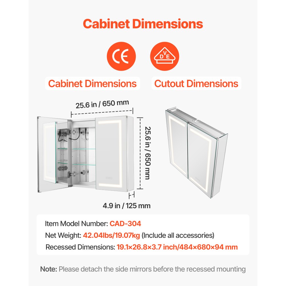 VEVOR Lighted Medicine Cabinet with Mirror, 65 x 65 cm Recessed or Wall Mount, 3 Color Dimmable LED Bathroom Medicine Cabinet with HD Mirror, Adjustable Shelve Storage, Memory Defog Function