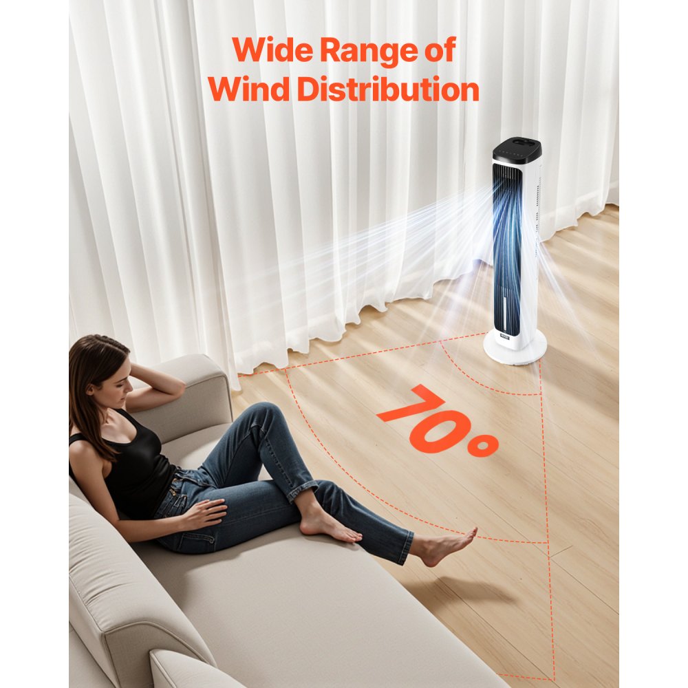 VEVOR torenventilator, 7,1 m/s snelheid, stille staande ventilator, 70° oscillerende ventilatoren met 9 snelheden, 4 standen, 24-uurs timer, afstandsbediening, voor slaapkamer, kantoor en thuis