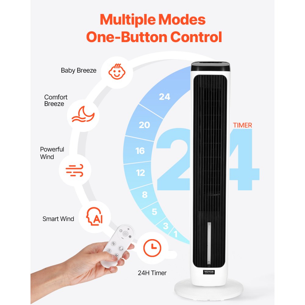 VEVOR torenventilator, 7,1 m/s snelheid, stille staande ventilator, 70° oscillerende ventilatoren met 9 snelheden, 4 standen, 24-uurs timer, afstandsbediening, voor slaapkamer, kantoor en thuis