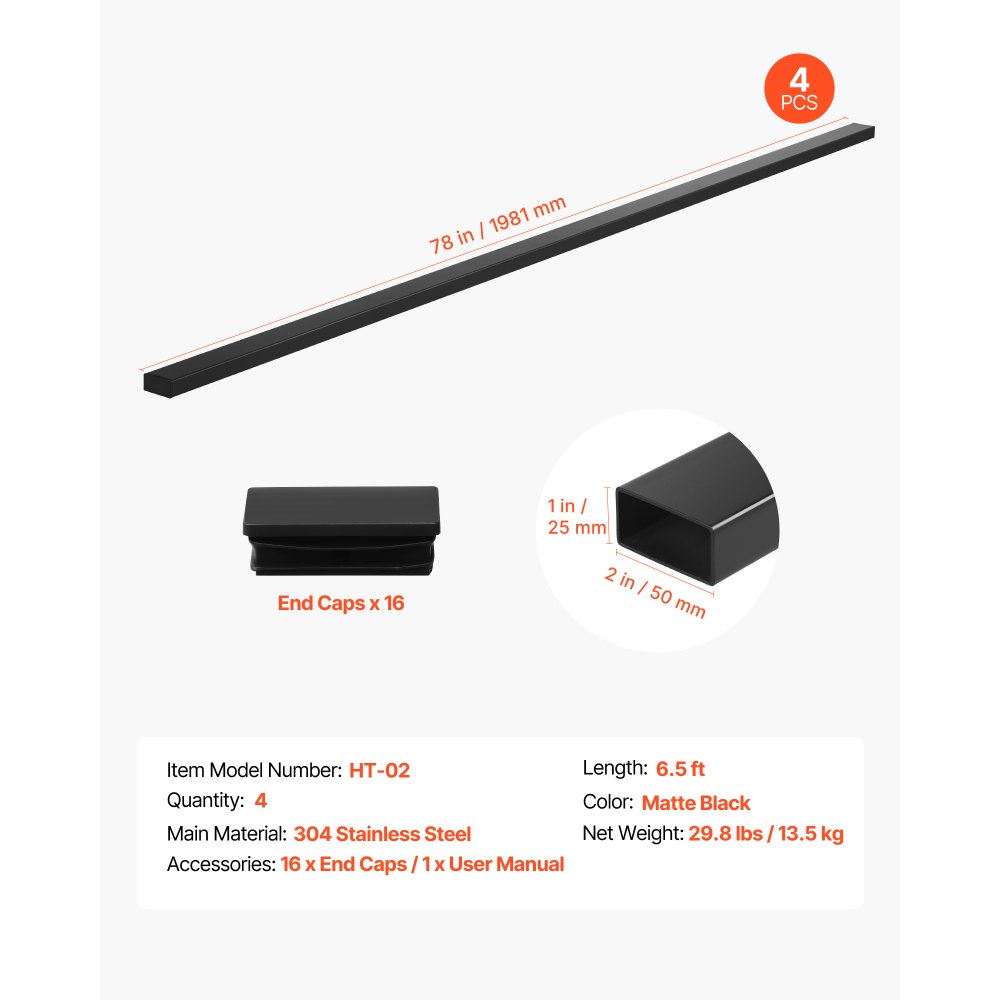 VEVOR RVS balkonleuning, 4-pack, rechthoekige trapleuning voor buiten-/binnentrappen met eindkap, matzwarte coating, kabelleuningset, 50x25x1981 mm