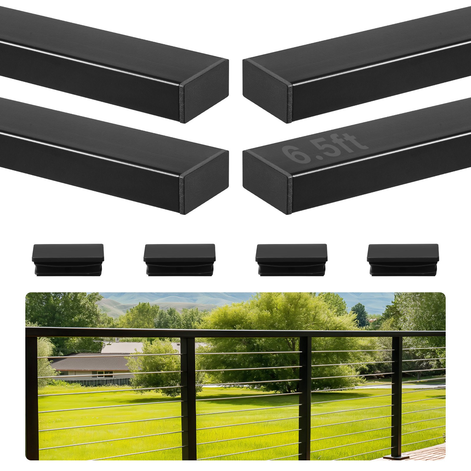 VEVOR RVS balkonleuning, 4-pack, rechthoekige trapleuning voor buiten-/binnentrappen met eindkap, matzwarte coating, kabelleuningset, 50x25x1981 mm
