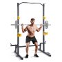 man performing squats using VEVOR power rack with safety bars and weightlifting plates.