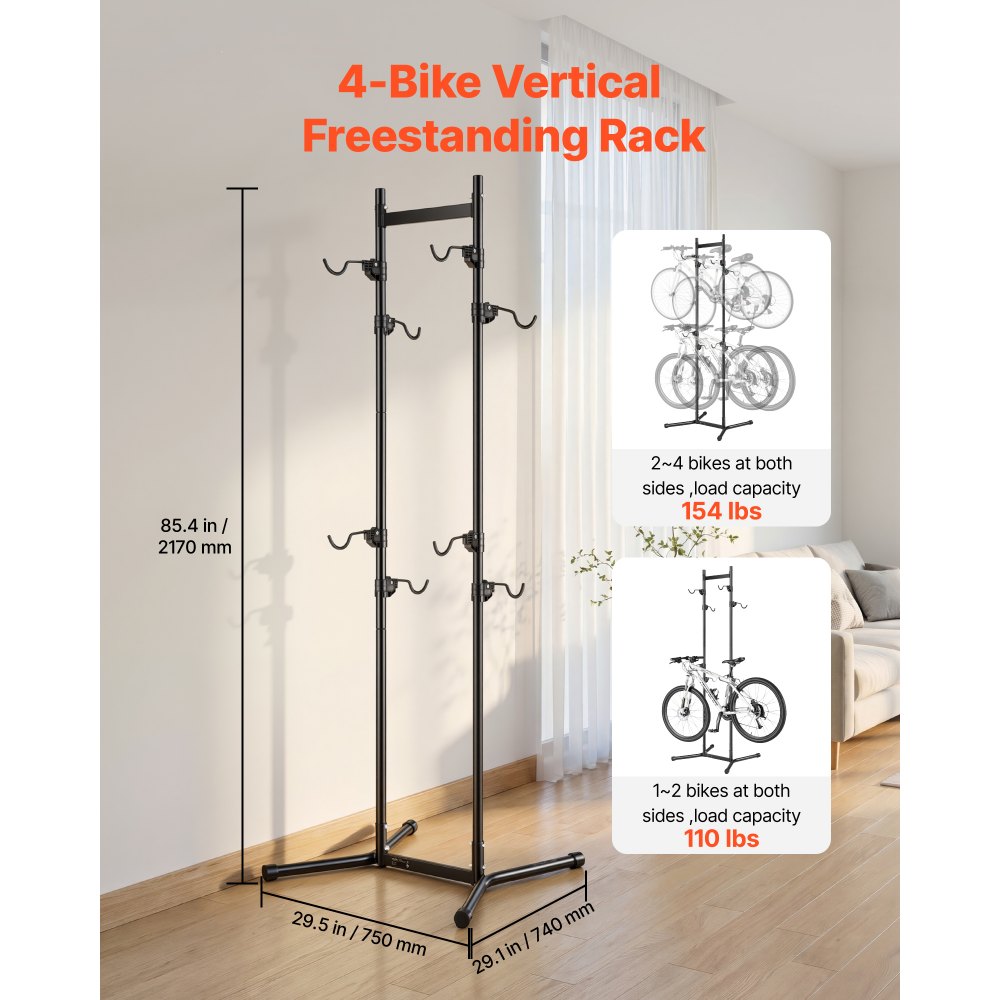 VEVOR Fietsenrek, verticaal fietsenrek voor 4 fietsen, zwart, frame van koolstofstaal, in hoogte verstelbare haken, vrijstaand en zonder boren te monteren, max. draagvermogen 70 kg, universeel voor mountainbikes en racefietsen