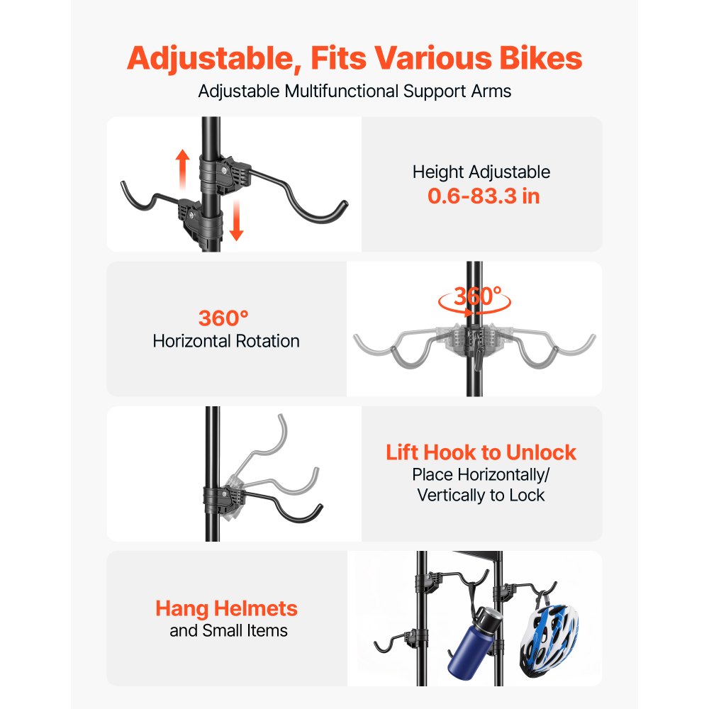 VEVOR Fietsenrek, verticaal fietsenrek voor 4 fietsen, zwart, frame van koolstofstaal, in hoogte verstelbare haken, vrijstaand en zonder boren te monteren, max. draagvermogen 70 kg, universeel voor mountainbikes en racefietsen
