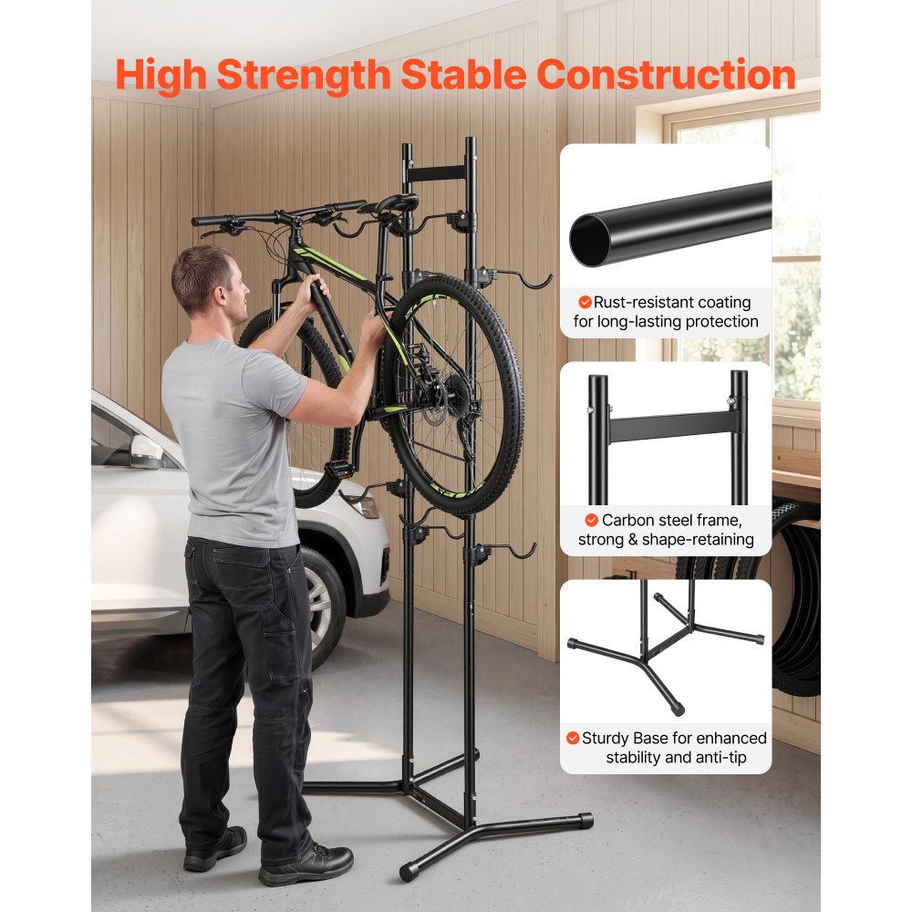 VEVOR Fietsenrek, verticaal fietsenrek voor 4 fietsen, zwart, frame van koolstofstaal, in hoogte verstelbare haken, vrijstaand en zonder boren te monteren, max. draagvermogen 70 kg, universeel voor mountainbikes en racefietsen