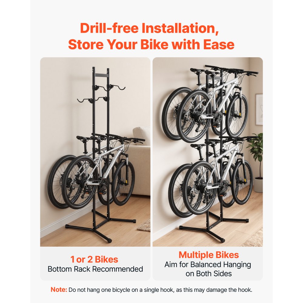 VEVOR Fietsenrek, verticaal fietsenrek voor 4 fietsen, zwart, frame van koolstofstaal, in hoogte verstelbare haken, vrijstaand en zonder boren te monteren, max. draagvermogen 70 kg, universeel voor mountainbikes en racefietsen