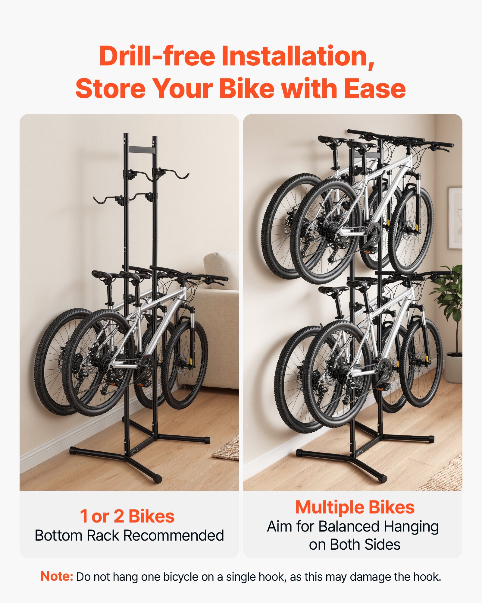 VEVOR Fietsenrek, verticaal fietsenrek voor 4 fietsen, zwart, frame van koolstofstaal, in hoogte verstelbare haken, vrijstaand en zonder boren te monteren, max. draagvermogen 70 kg, universeel voor mountainbikes en racefietsen