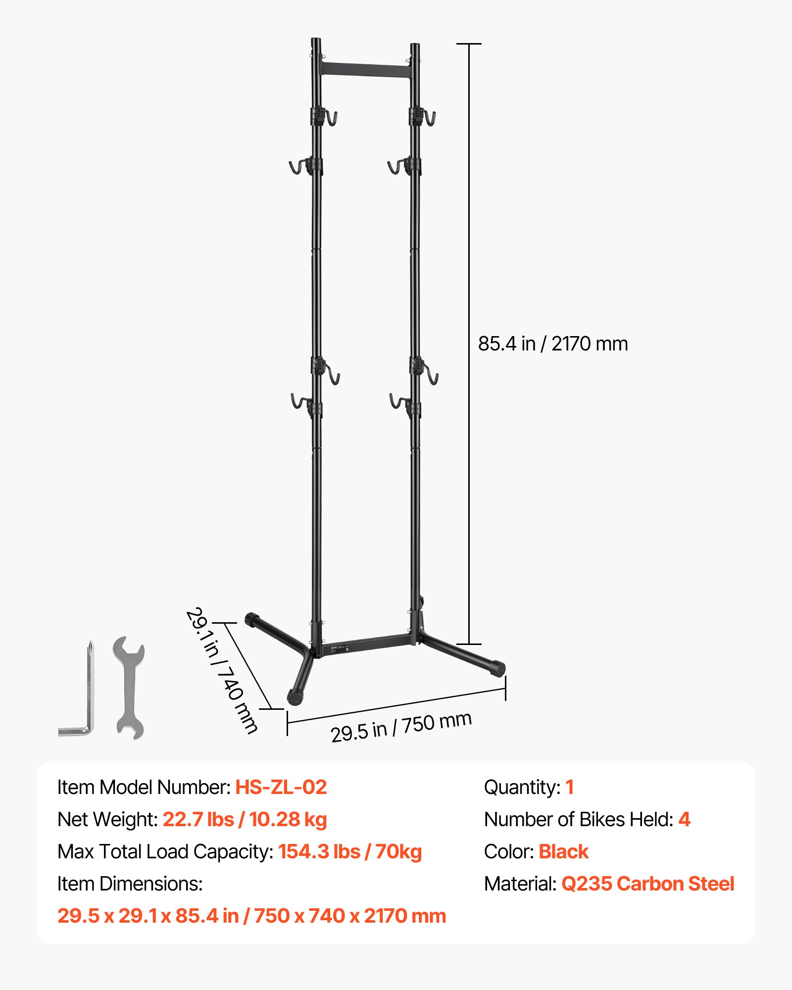 VEVOR Fietsenrek, verticaal fietsenrek voor 4 fietsen, zwart, frame van koolstofstaal, in hoogte verstelbare haken, vrijstaand en zonder boren te monteren, max. draagvermogen 70 kg, universeel voor mountainbikes en racefietsen