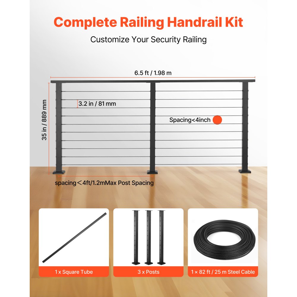 VEVOR Balokon Complete Leuningset met Palen, Matzwarte RVS Leuning, Balustrade voor Buiten-/Binnentrappen, met Horizontale Gaten voor Trappen, Terrassen, Balkons, 50x25x1981mm