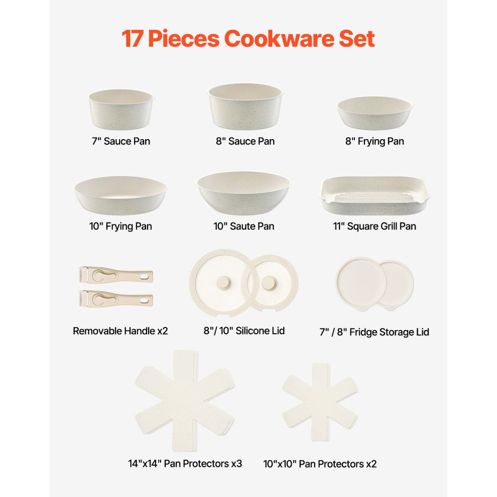 VEVOR 17 Piece Pots and Pans Set Nonstick, Detachable Handle Cookware, Space Saving Induction cookware set, Kitchen RV Cooking Sets, with Frying, Sauce, Saute, Tempered Glass Lids, Oven Safe, White
