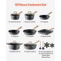 VEVOR 19 Piece Pots and Pans Set, Granite Nonstick Cookware Set, Induction Cookwares, Kitchen RV Cooking Sets with Frying, Sauce, Saute, Tempered Glass Lids, and Pan Protectors, Black