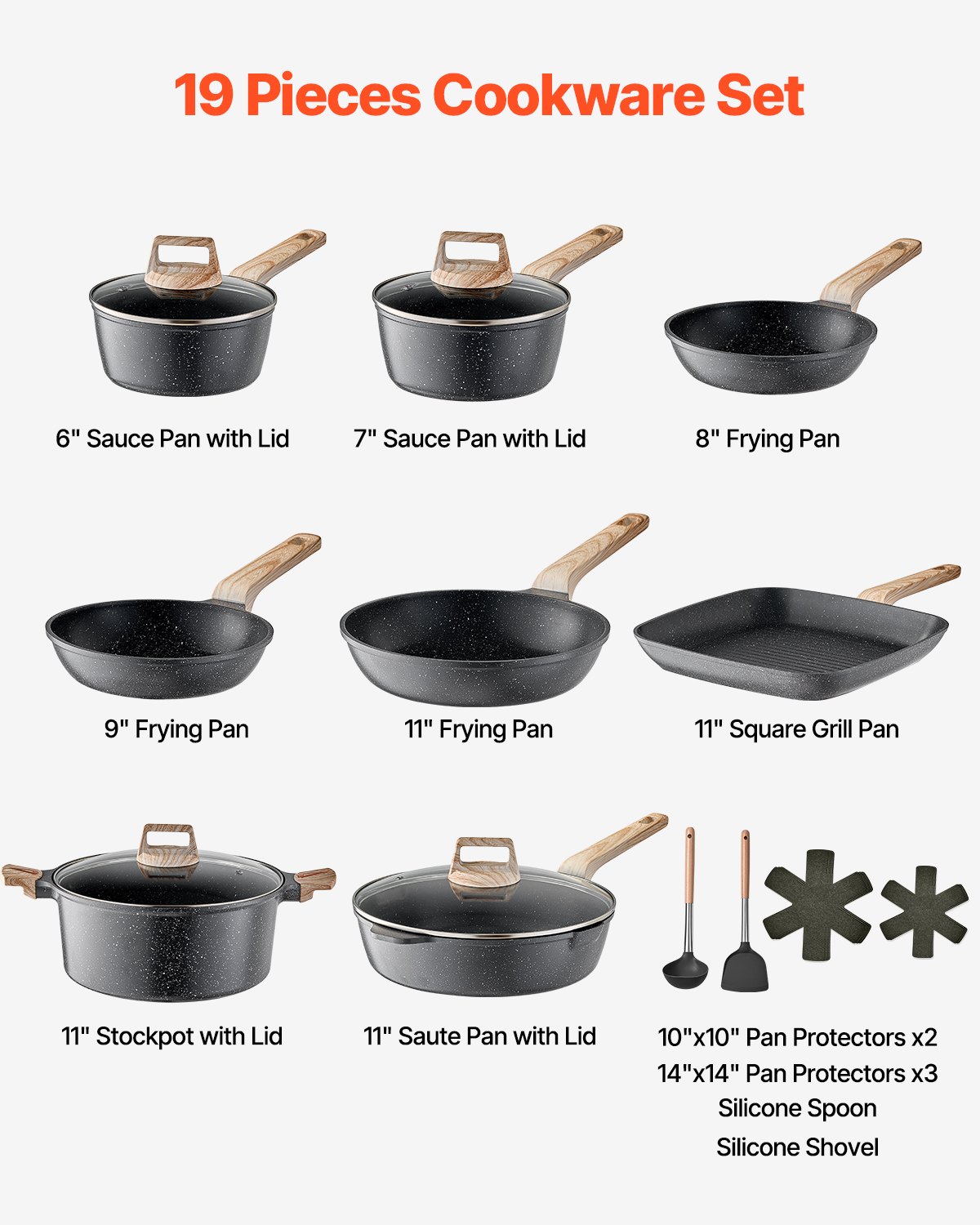 VEVOR 19 Piece Pots and Pans Set, Granite Nonstick Cookware Set, Induction Cookwares, Kitchen RV Cooking Sets with Frying, Sauce, Saute, Tempered Glass Lids, and Pan Protectors, Black