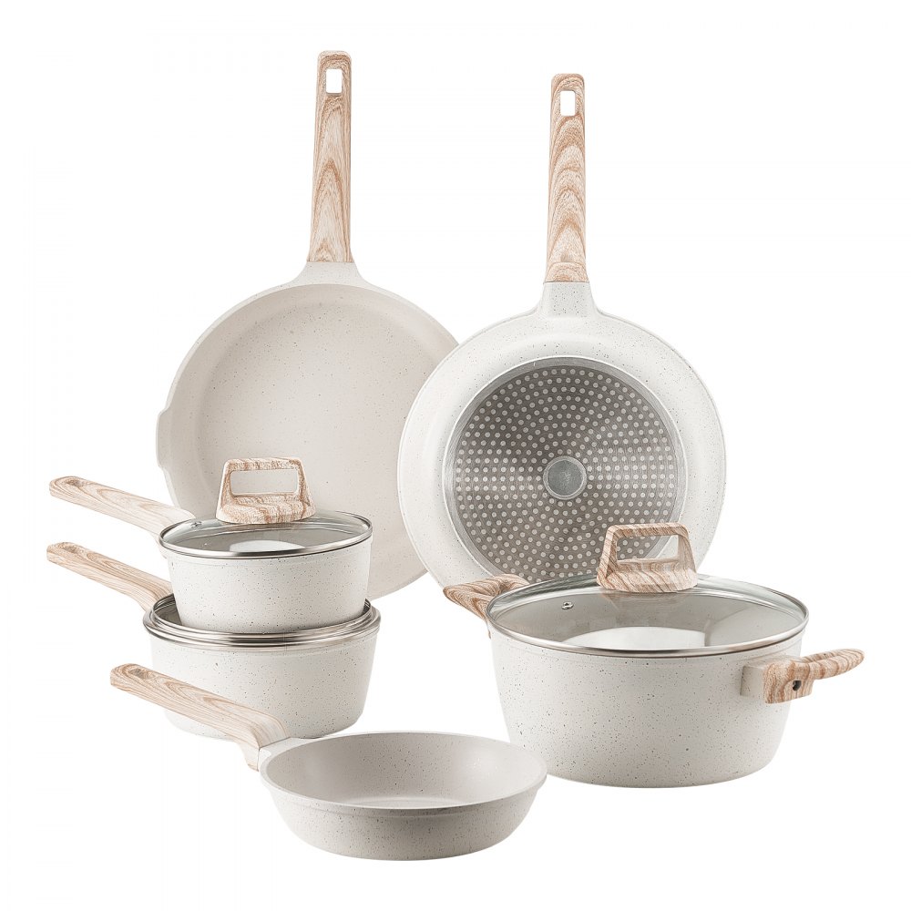 VEVOR Inductiepannenset (17-delig) met glazen deksels, antiaanbak kookgerei, inductiekookpannen voor de keuken in de camper om te bakken, sauzen op smaak te brengen en te koken (wit)