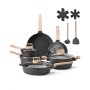 VEVOR 17 Piece Pots and Pans Set Nonstick, Granite Cookware Set, Induction Cookwares, Kitchen RV Cooking Sets with Frying, Sauce, Saute, Tempered Glass Lids, and Pan Protectors, Black