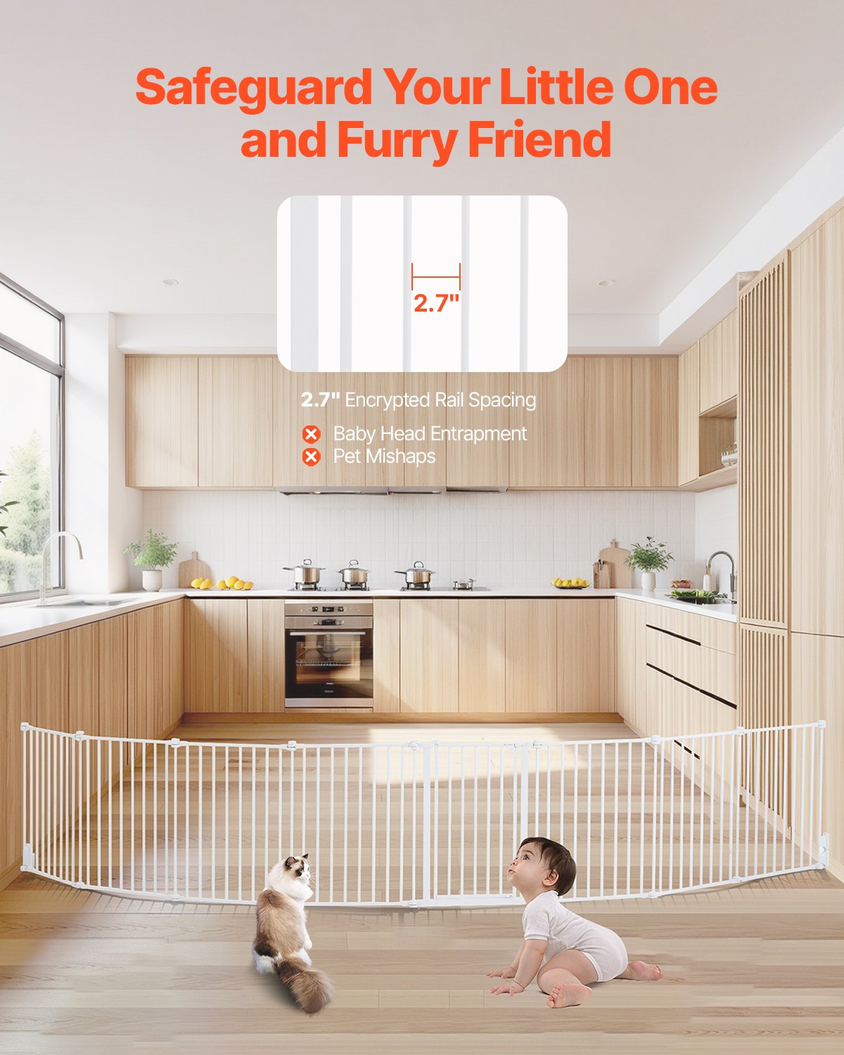 VEVOR Baby Gate, 192 Inches Extra Wide, 28 Inches High 8-Panel Foldable Dog Gate, for Child Pet Security, One-Hand Open, Install Between Two Walls or As a Fence, for Stairs and Doorways, White