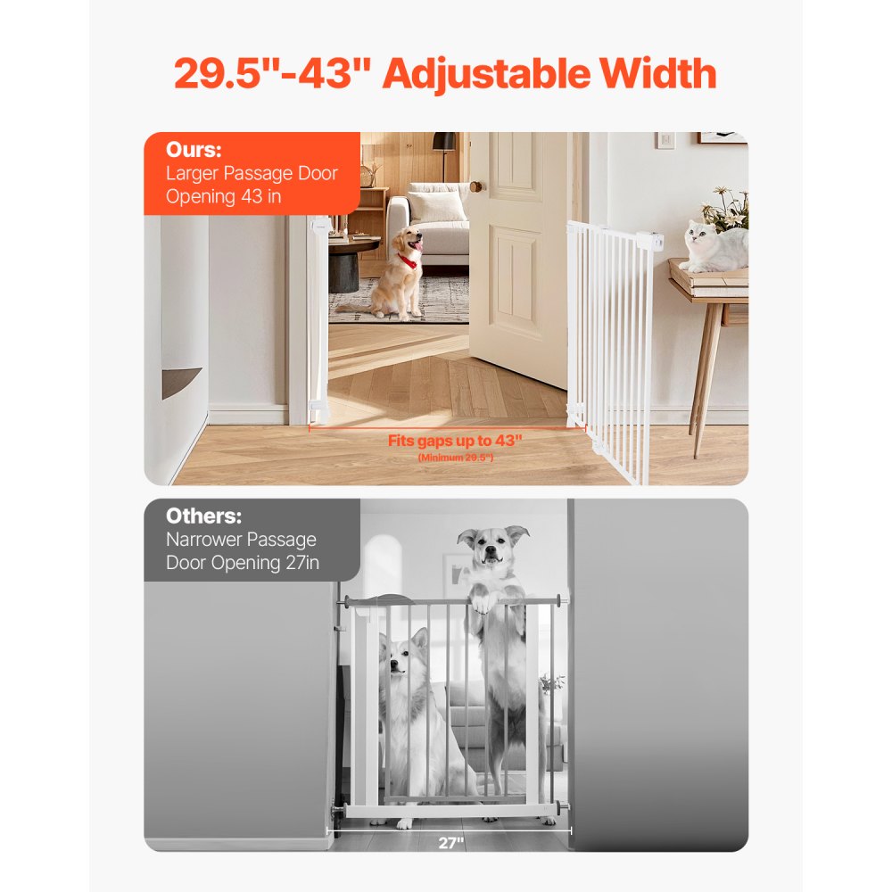 VEVOR Baby Gate, 29.5-43 Inches Adjustable Width, 28 Inches High Dog Gate, No Threshold Bar, Easy Step Walk Thru, for Child Pet Security, with Screws, One-Hand Open, for Stairs and Doorways, White