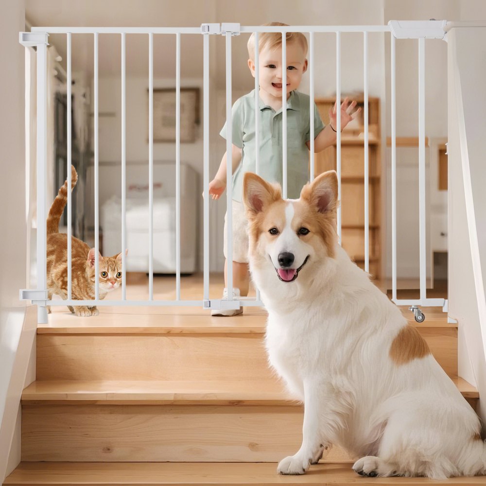 VEVOR Baby Gate, 29.5-43 Inches Adjustable Width, 28 Inches High Dog Gate, No Threshold Bar, Easy Step Walk Thru, for Child Pet Security, with Screws, One-Hand Open, for Stairs and Doorways, White