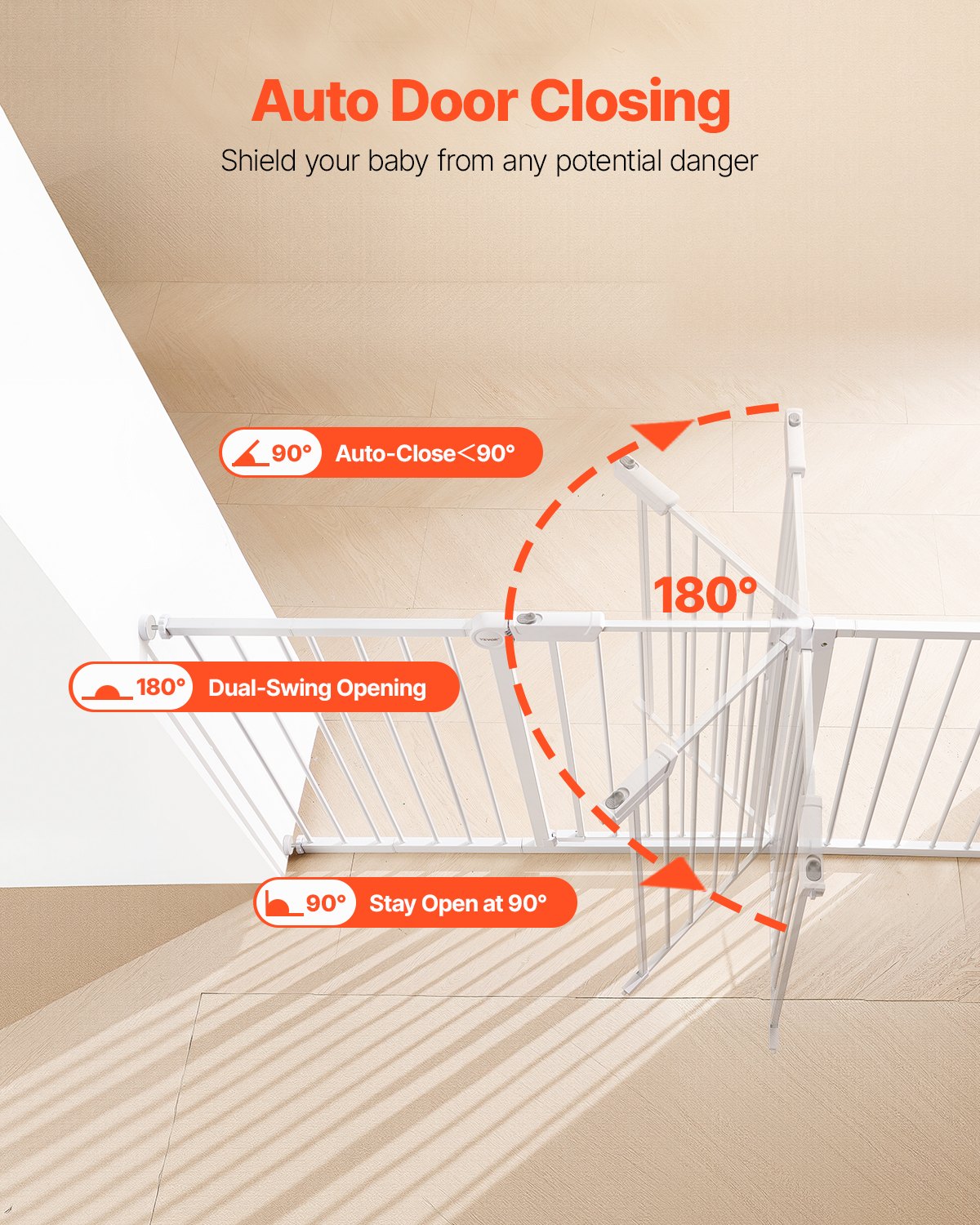 VEVOR Baby Gate, 60.6-63.3 Inches Adjustable Width, 30 Inches High Dog Gate, Easy Step Walk Thru, for Child Pet Security, Pressure Mount Kit, Wall Cups, One-Hand Open, for Stairs and Doorways, White