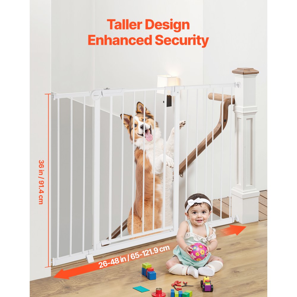 VEVOR Baby Gate, 26-48 Inches Adjustable Width, 36 Inches High Dog Gate, Easy Step Walk Thru, for Child Pet Security, Pressure Mount Kit, Wall Cups, One-Hand Open, for Stairs and Doorways, White