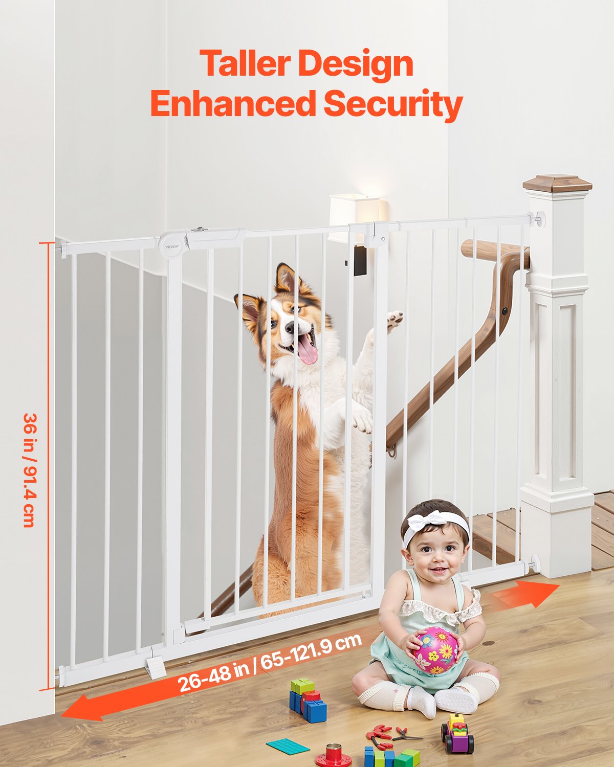 VEVOR Baby Gate, 26-48 Inches Adjustable Width, 36 Inches High Dog Gate, Easy Step Walk Thru, for Child Pet Security, Pressure Mount Kit, Wall Cups, One-Hand Open, for Stairs and Doorways, White