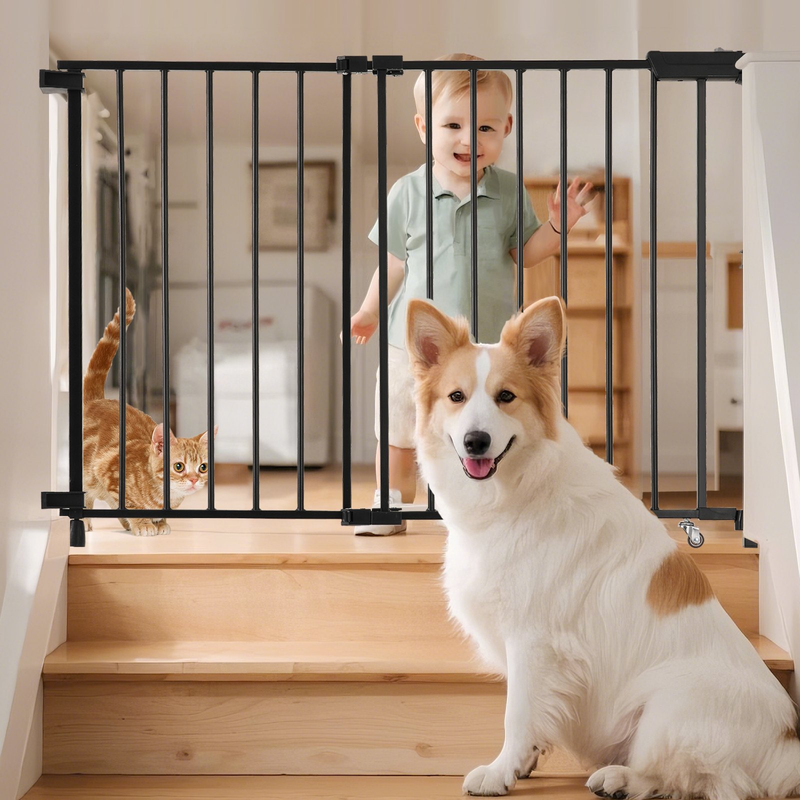 VEVOR Baby Gate, 29.5-43 Inches Adjustable Width, 28 Inches High Dog Gate, No Threshold Bar, Easy Step Walk Thru, for Child Pet Security, with Screws, One-Hand Open, for Stairs and Doorways, Black