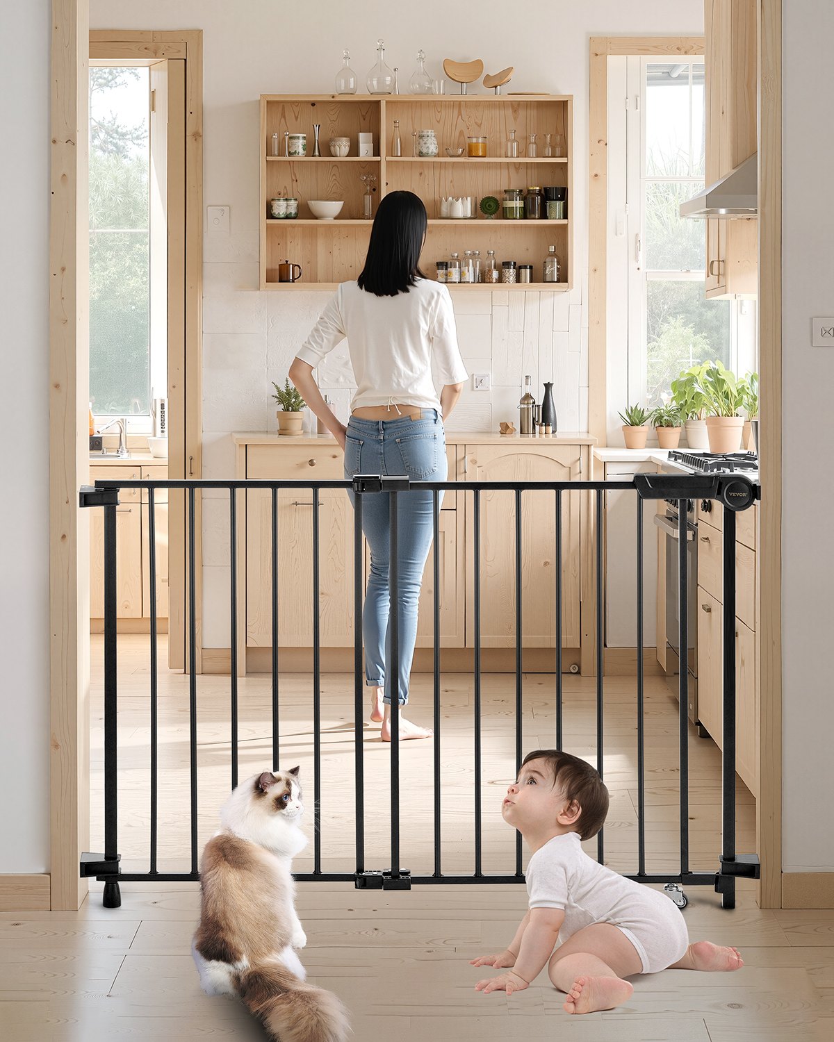 VEVOR Baby Gate, 29.5-43 Inches Adjustable Width, 28 Inches High Dog Gate, No Threshold Bar, Easy Step Walk Thru, for Child Pet Security, with Screws, One-Hand Open, for Stairs and Doorways, Black