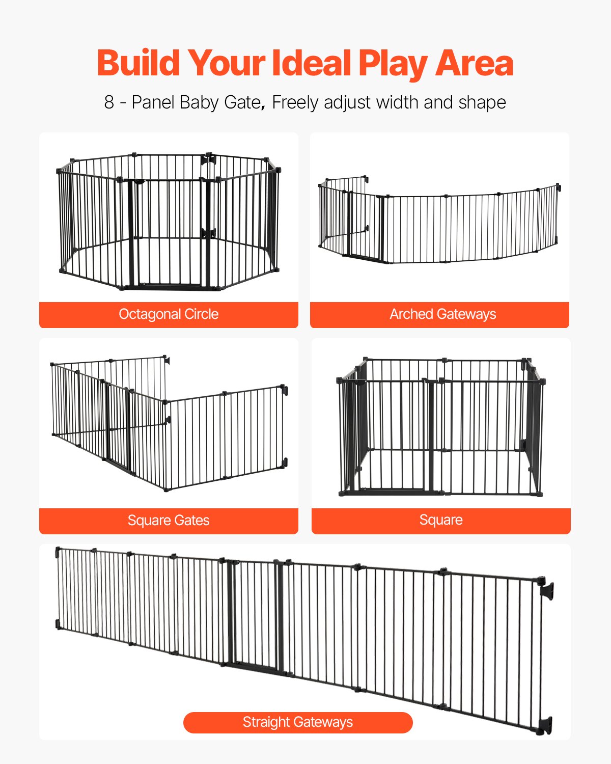 VEVOR Baby Gate, 192 Inches Extra Wide, 28 Inches High 8-Panel Foldable Dog Gate, for Child Pet Security, One-Hand Open, Install Between Two Walls or As a Fence, for Stairs and Doorways, Black